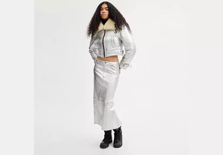 Leather Long Skirt In Silver Metallic | Coach (UK)