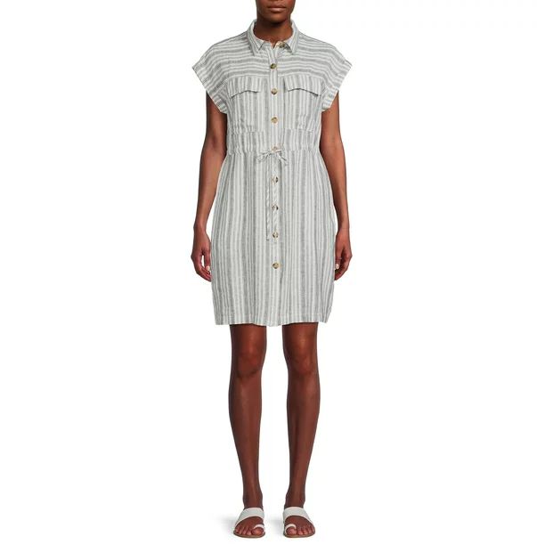 Time and Tru Women's Short Sleeve Woven Knee Length Cinch Waist Shirt Dress - Walmart.com | Walmart (US)