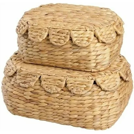 Round Wicker Storage Baskets with Lid, Rattan Basket Decorative Boxes, Woven Storage Box Hyacinth Basket with Lids, Scalloped Edge Wicker Basket with Lid, Set of 2 | Walmart (US)