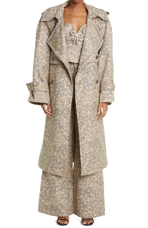 Area Heart Leopard Print Crystal Trim Denim Trench Coat in Brown Multi at Nordstrom, Size X-Small | Nordstrom
