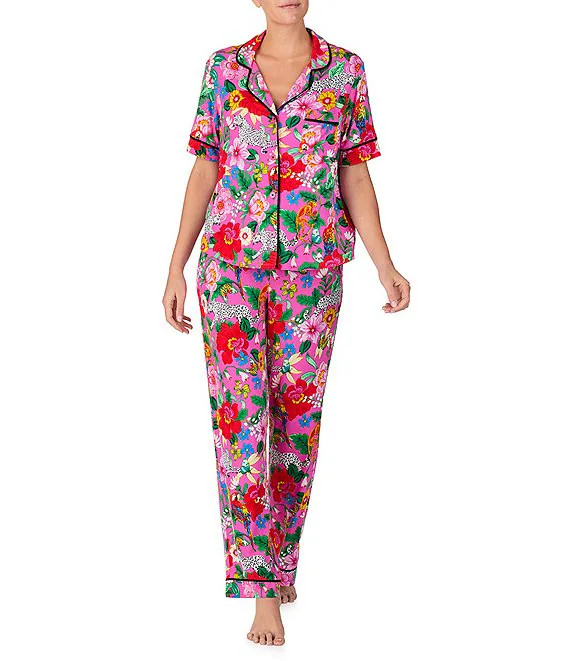 Short Sleeve Notch Collar Soft Knit Critter Floral Print Pajama Set | Dillard's