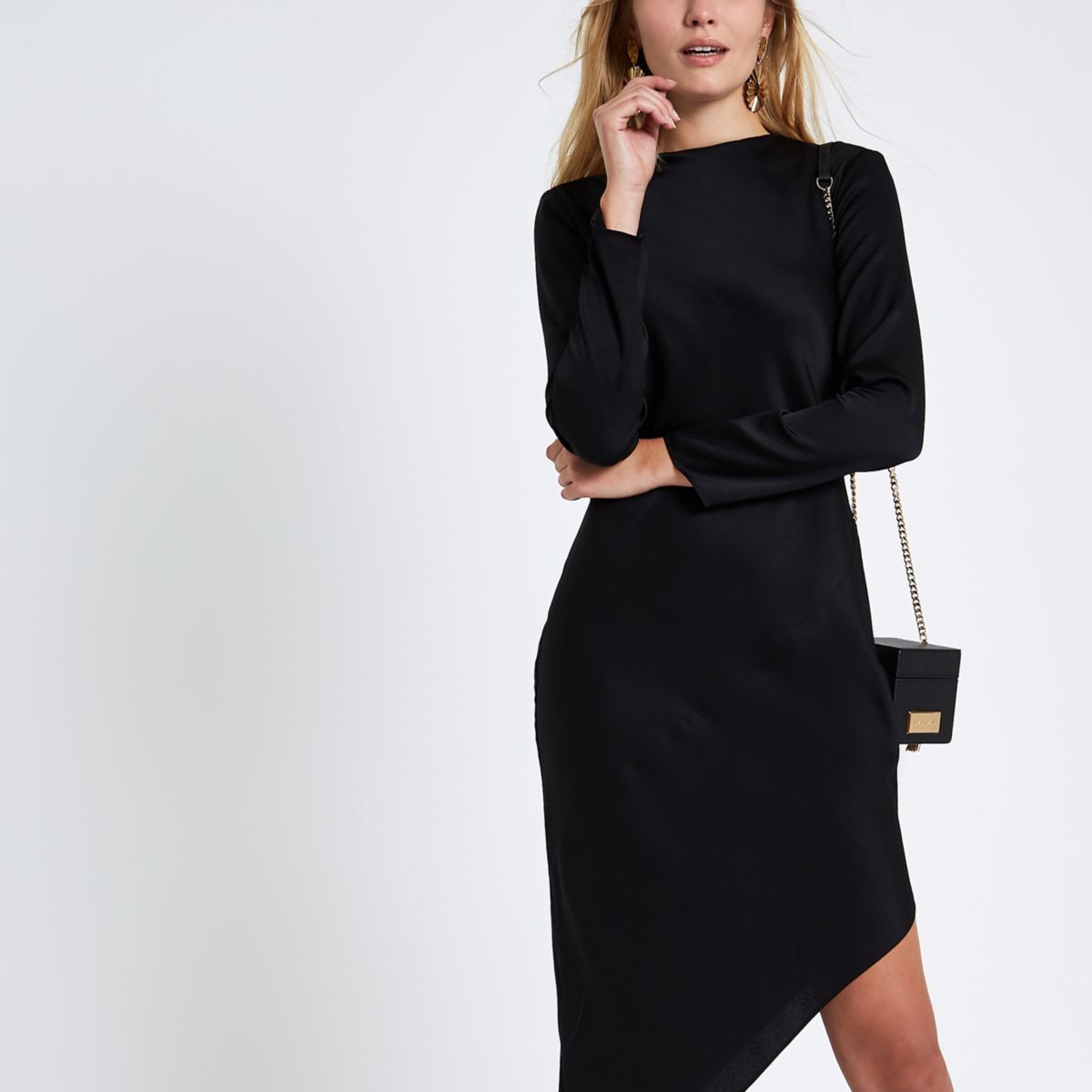 Black long sleeve asymmetric dress | River Island (UK & IE)