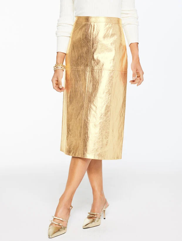 Crinkle Metallic Faux Leather Midi Skirt | Talbots