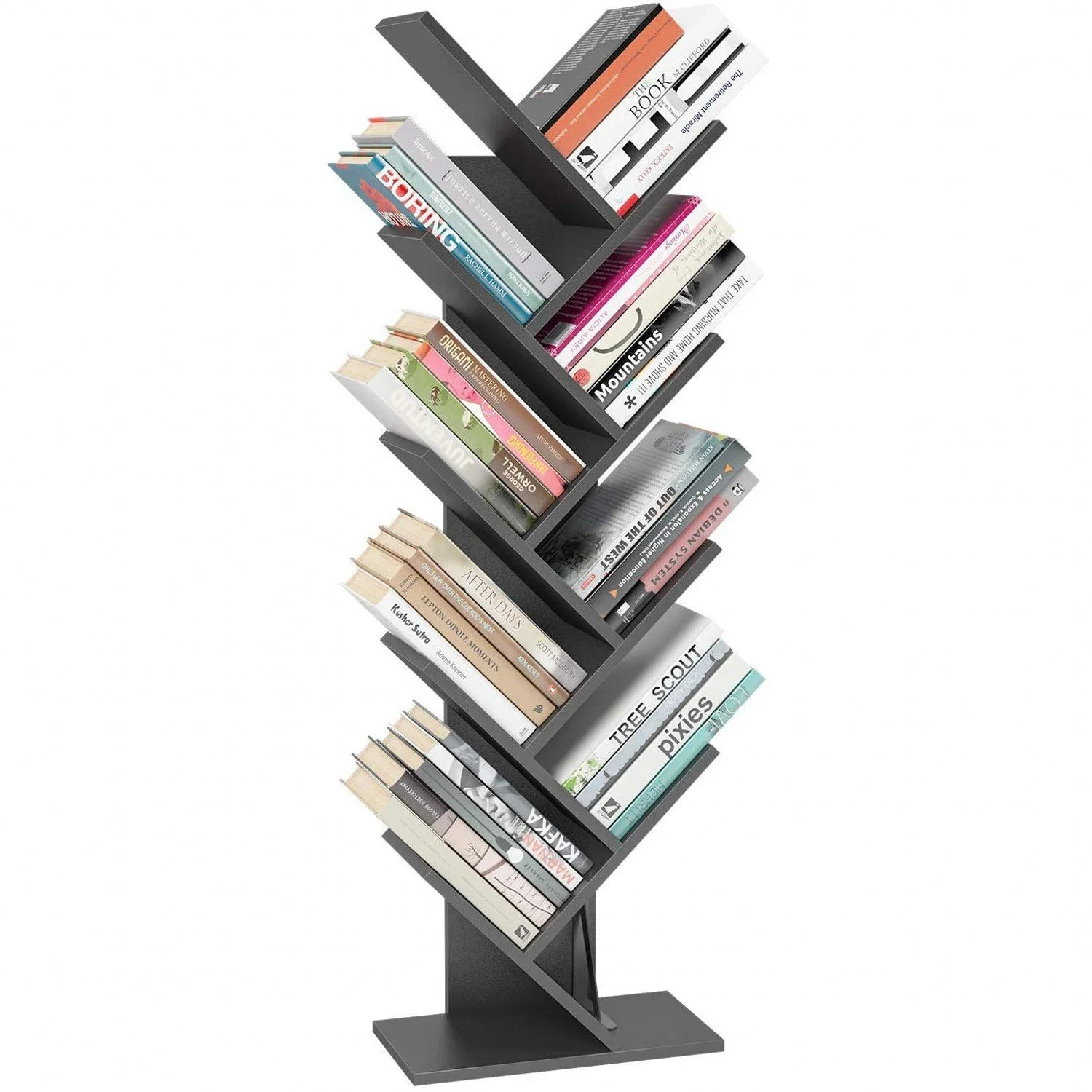 Homfa 9-Tier Tree Bookshelf, Modern Storage Shelf, Floor Bookcase CD Display Rack, Gray Finish | Walmart (US)