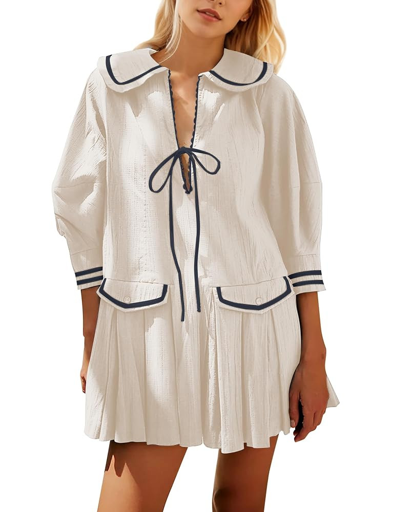 Women Cute Pleated Ruffle Mini Dress Summer Casual Loose V Neck Binding 3/4 Sleeve Short Dress Ba... | Amazon (US)