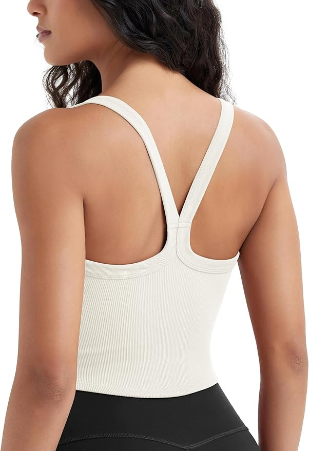 ODODOS Women's Seamless Crop Cami Wide Scoop Neck Ribbed Soft Open Racerback Cropped Tank | Amazon (US)
