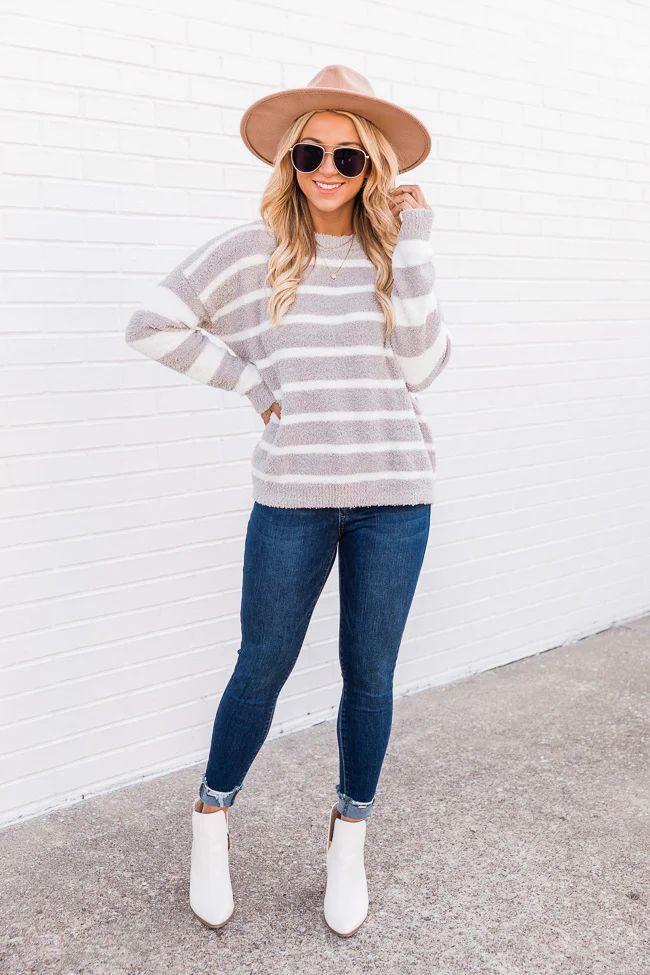 Follow My Direction Grey Fuzzy Striped Sweater DOORBUSTER | The Pink Lily Boutique