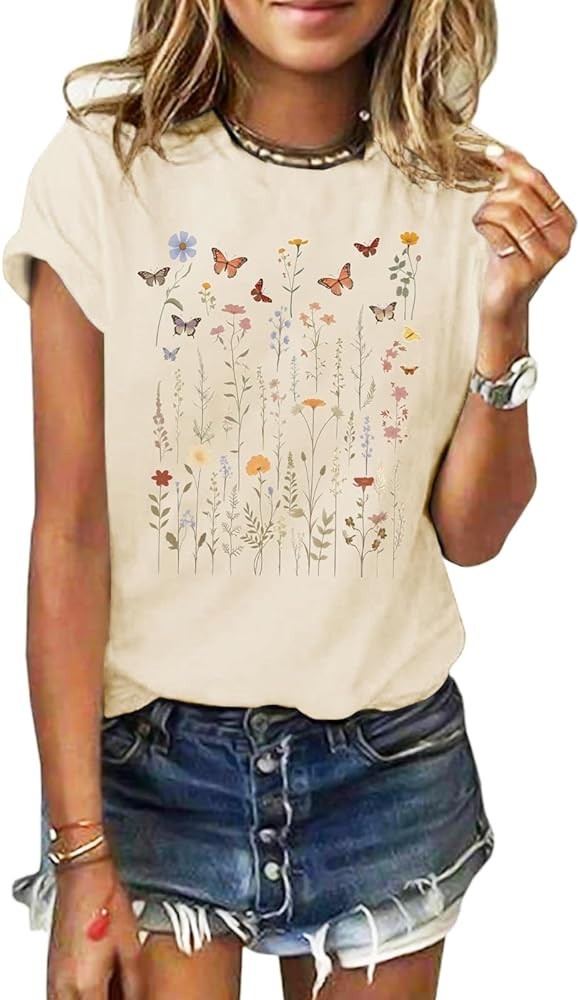 GEMLON Graphic T-Shirts for Women Loose Print Short Sleeve Tops Summer Casual Tees Shirt | Amazon (US)