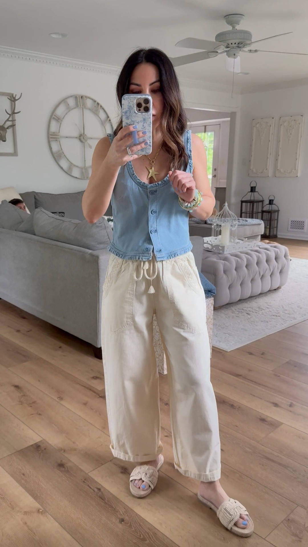 Denim vest small. Wide leg pants, XS. Sandals TTS. Vest code: DREAMTEAM. Jewelry code HOUSEOFLEO20

#LTKPetite #LTKOver40 #LTKSaleAlert