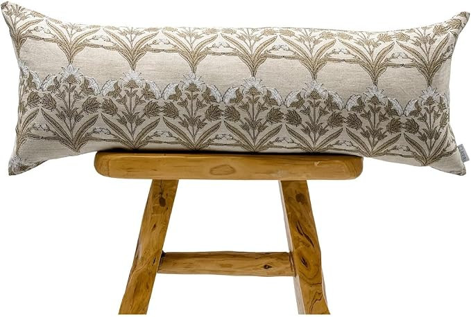 Designer Tan Beige Floral Design on Natural Linen Pillow Cover, Tan Beige and White Pillow, Boho ... | Amazon (US)