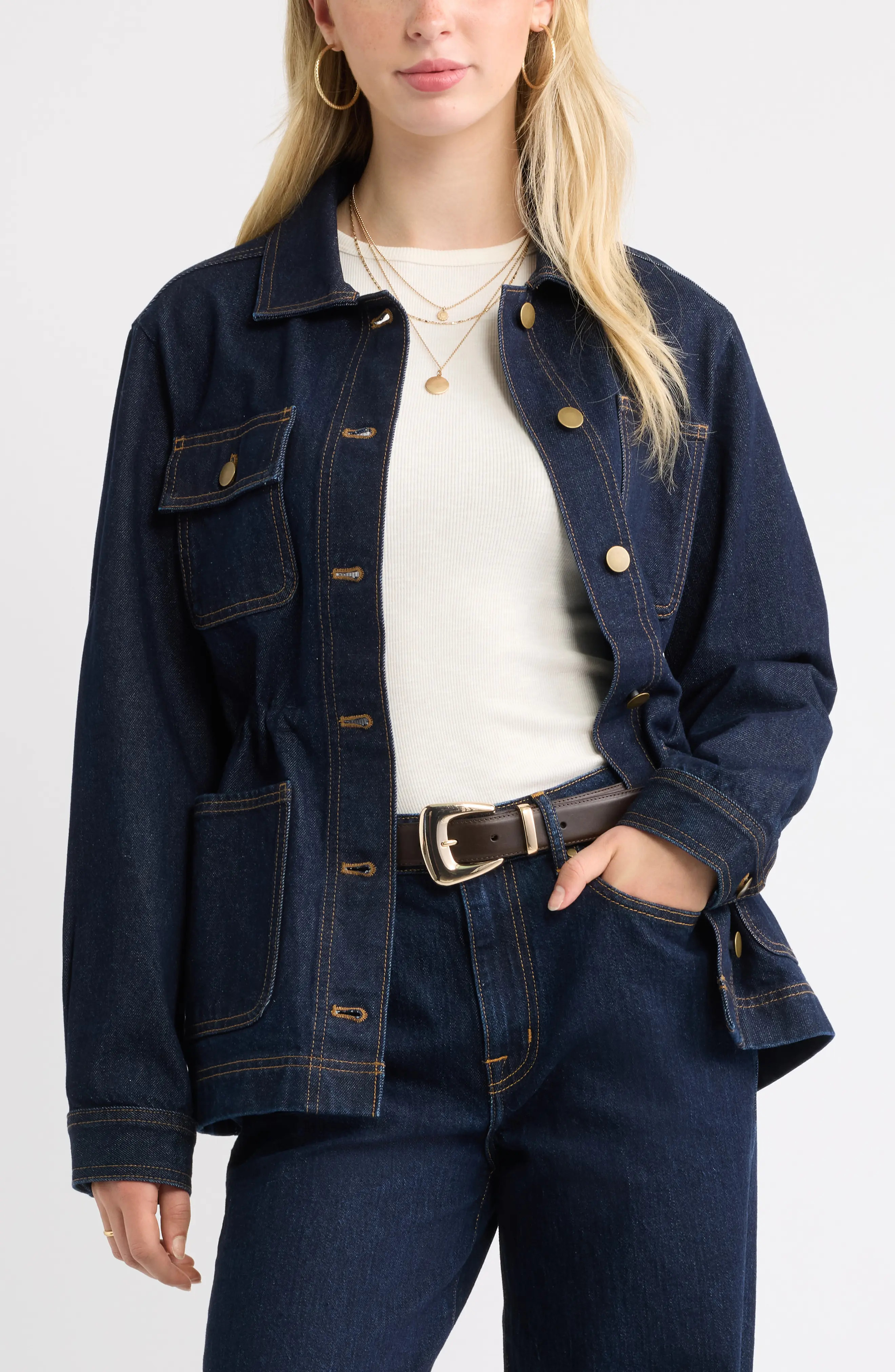 Treasure & Bond Cinched Waist Denim Jacket in Indigo Rinse at Nordstrom, Size Medium | Nordstrom