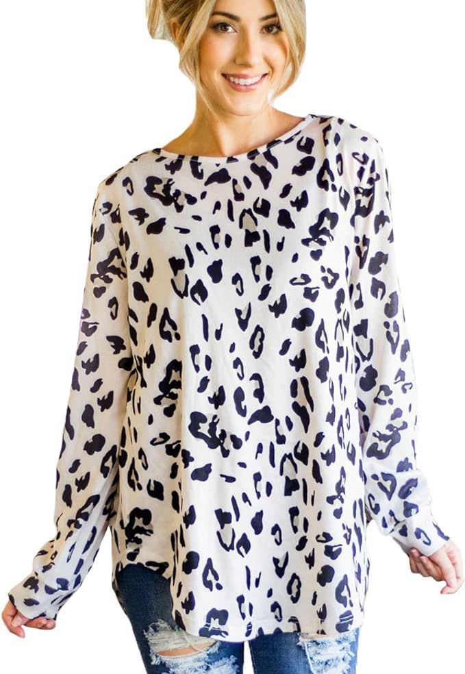 Tickled Teal Women's Long Sleeve Leopard Knit Casual Loose Sweater Outerwear | Amazon (US)