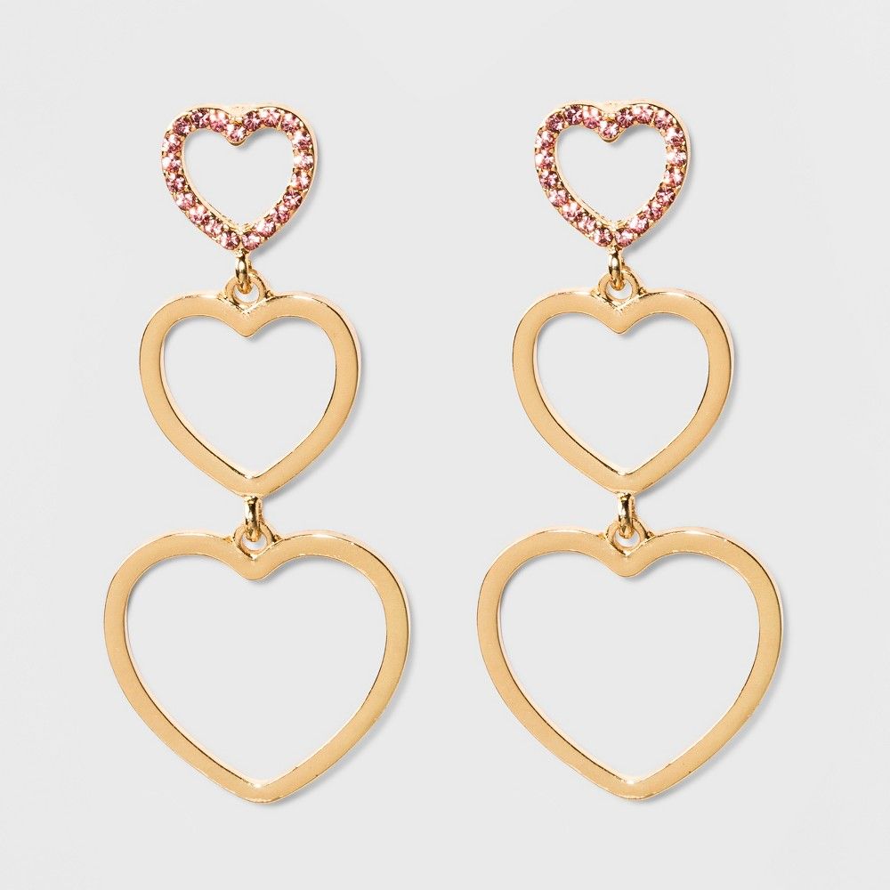 Three Part Heart Linear Drop with Pave Stone Earrings - Wild Fable Pink | Target