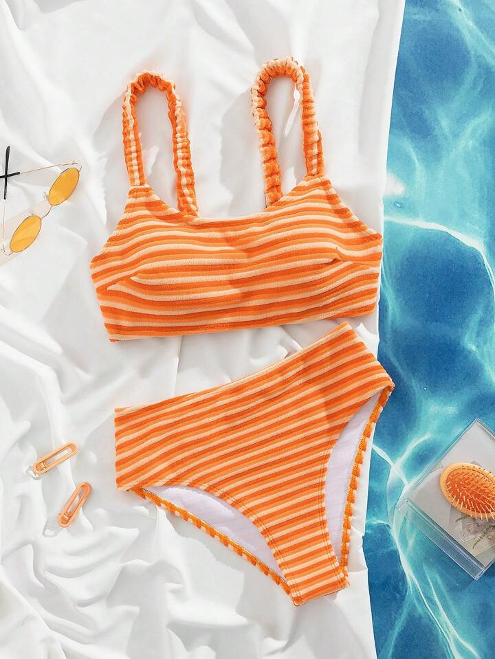 2pcs Sweet & Cute Style Women Bikini Set, Striped Elastic Towel Fabric Soft & Comfortable Swimsuit | SHEIN