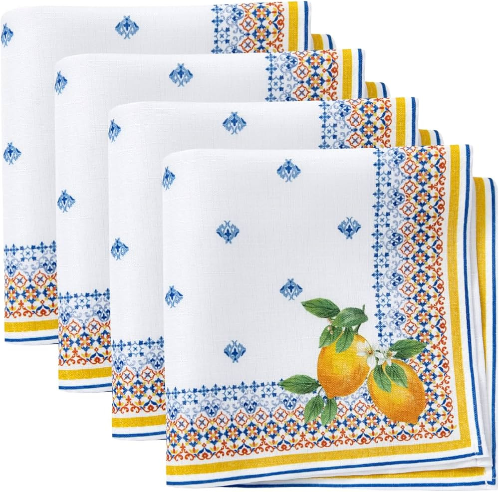 Elrene Home Fashions Capri Lemon Double-Bordered Mediterranean Spring/Summer Cloth Napkins, 17 In... | Amazon (US)