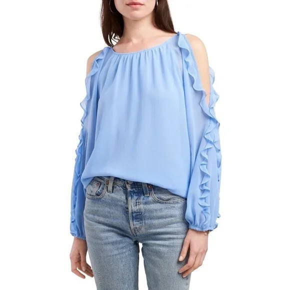 [1.state] cold shoulder ruffle long sleeve blouse oasis blue M | Poshmark