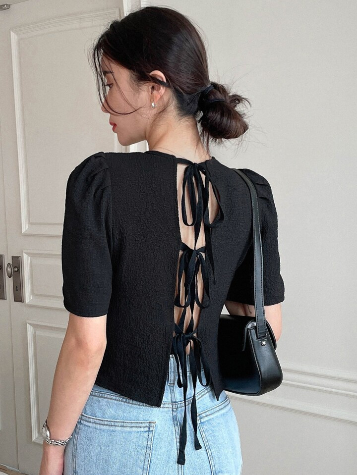 DAZY Tie Back Puff Sleeve Blouse | SHEIN