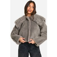 Womens Mixed Faux Fur Collared Detail Jacket - Grey - 10 | boohoo (US & Canada)