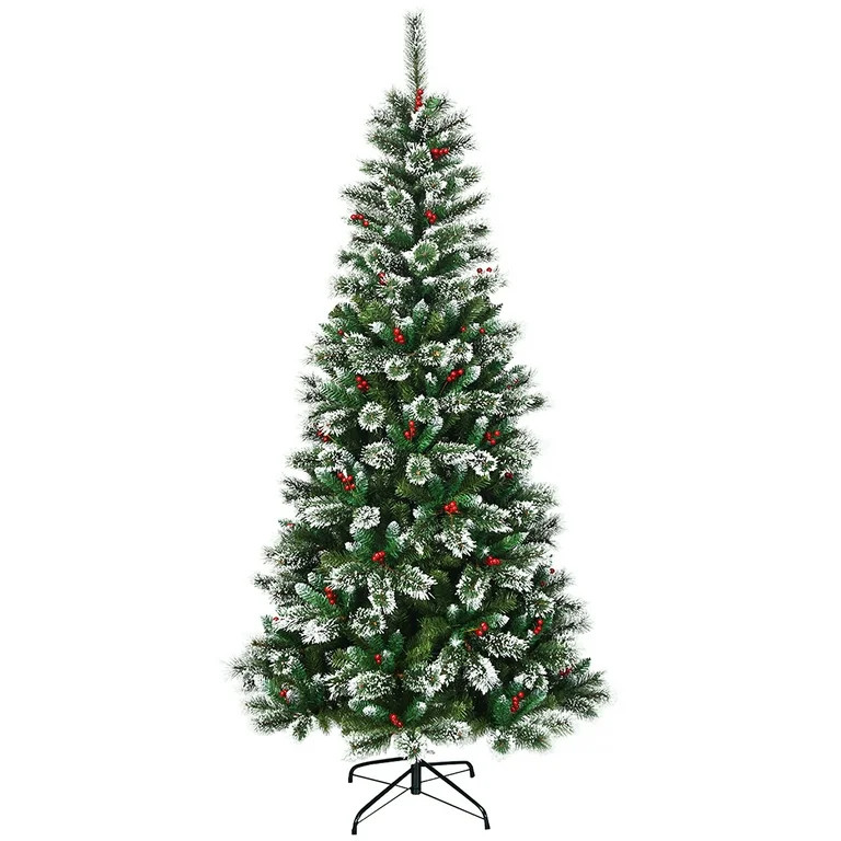 Costway 7 ft Snow Flocked Artificial Christmas Hinged Tree w/ Pine Needles & Red Berries | Walmart (US)