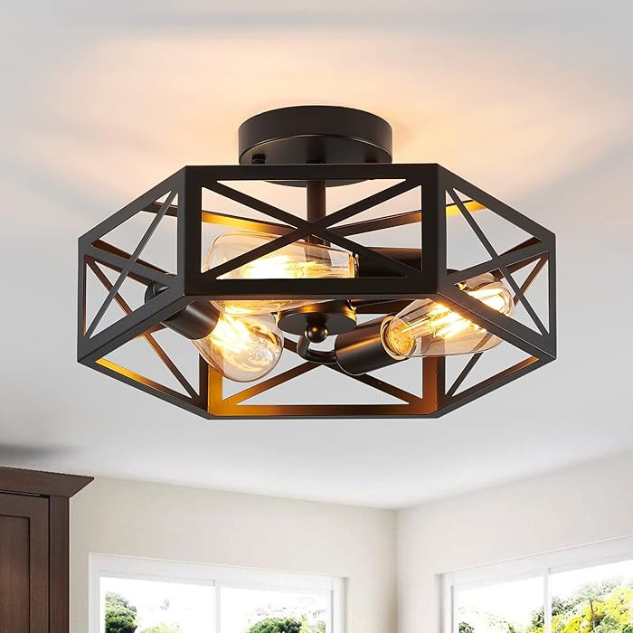 XSDeTu Semi Flush Mount Ceiling Light Fixture, Modern Farmhouse 3-Light Black Ceiling Light, Indu... | Amazon (US)