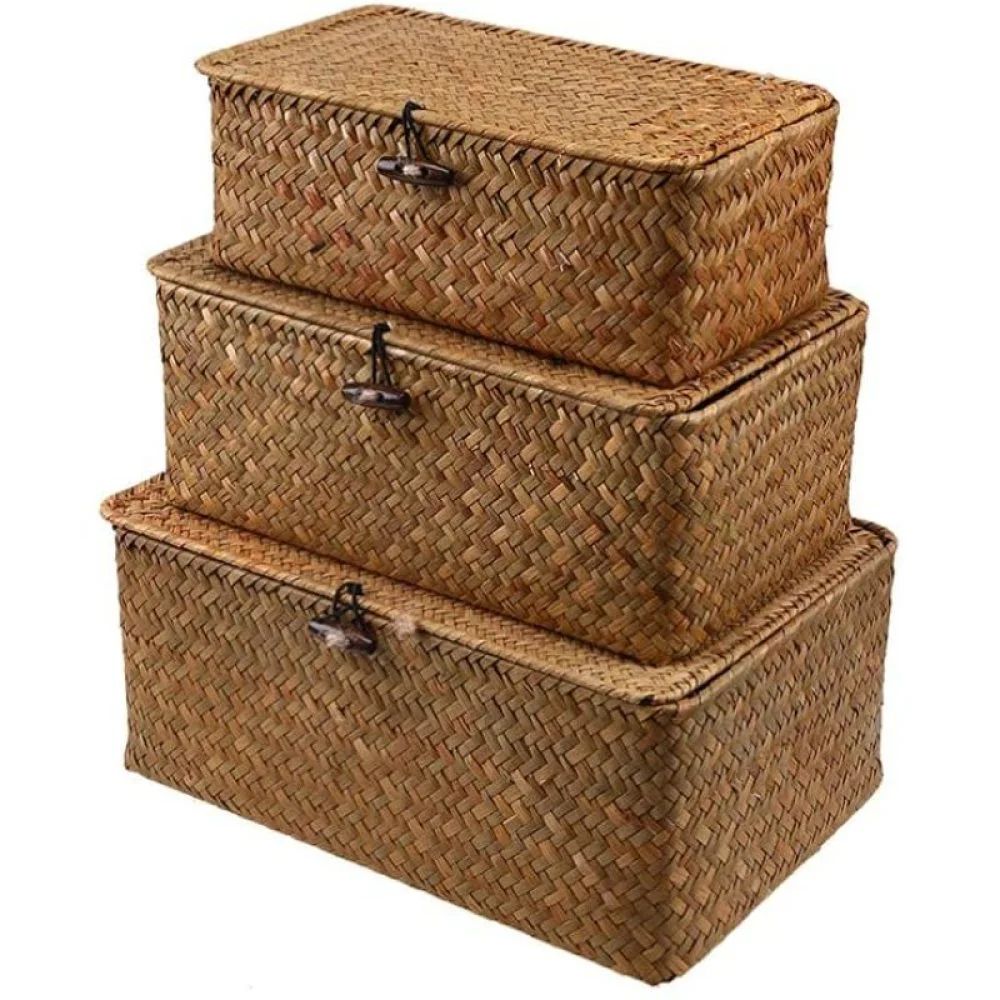 Daradara 3Pcs Wicker Storage Basket Woven Rattan Storage With Lids Laundry Baskets Woven Baskets ... | Walmart (US)
