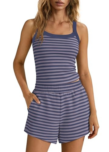 SENSERISE Womens Striped Lounge Set 2 Piece Outfits Striped Spaghetti Strap Tank Top High Waisted... | Amazon (US)