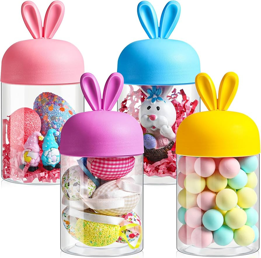 Mimorou 4 Pcs Easter Plastic Jar with Bunny Ear Cap Clear Candy Jar Easter Decorations Food Stora... | Amazon (US)
