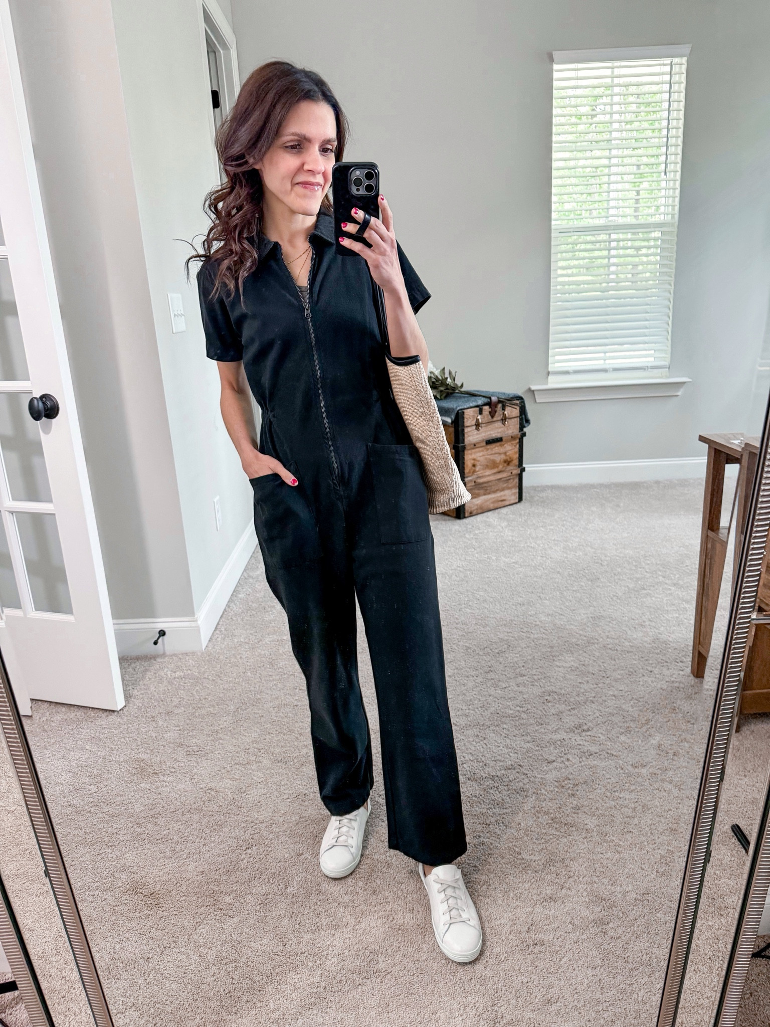 Easy #ootd for Spring & Summer short sleeve | jumpsuit, sneakers, straw tote 

#LTKStyleTip