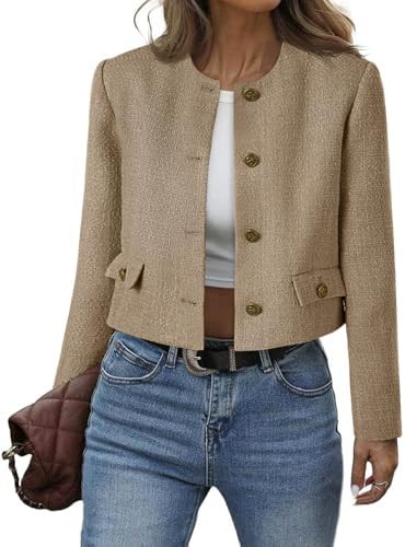 Cicy Bell Womens Cropped Tweed Blazer Collarless Button Down Bomber Jacket Business Casual Fall O... | Amazon (US)