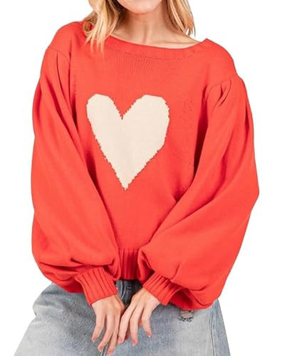 Valentines Cute Heart Sweater for Women Long Sleeve Crewneck Loose Knit Jumper Top Love Print Pullover Sweaters Red | Amazon (US)