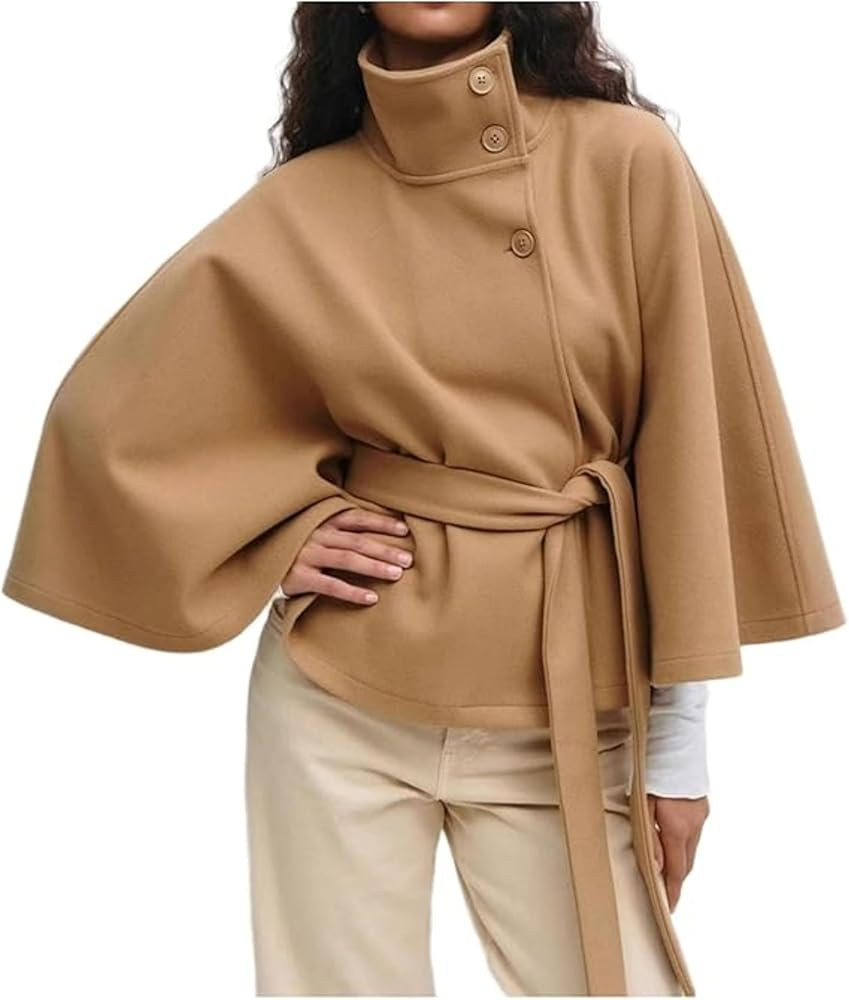 OPCAKM Women's Batwing Sleeve Poncho Coat Oversized Winter Pea Coat Stand Collar Cropped Cape Jac... | Amazon (US)