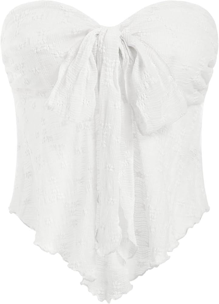 CIDER Summer Tube Tops for Women Floral Mesh Sheer Going Out Tops Cute Tie Front Strapless Flowy ... | Amazon (US)