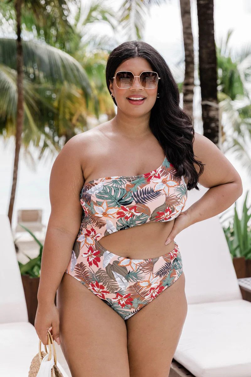 Maui Nights Multi Palms One Shoulder Cutout One Piece Swimsuit FINAL SALE | Pink Lily