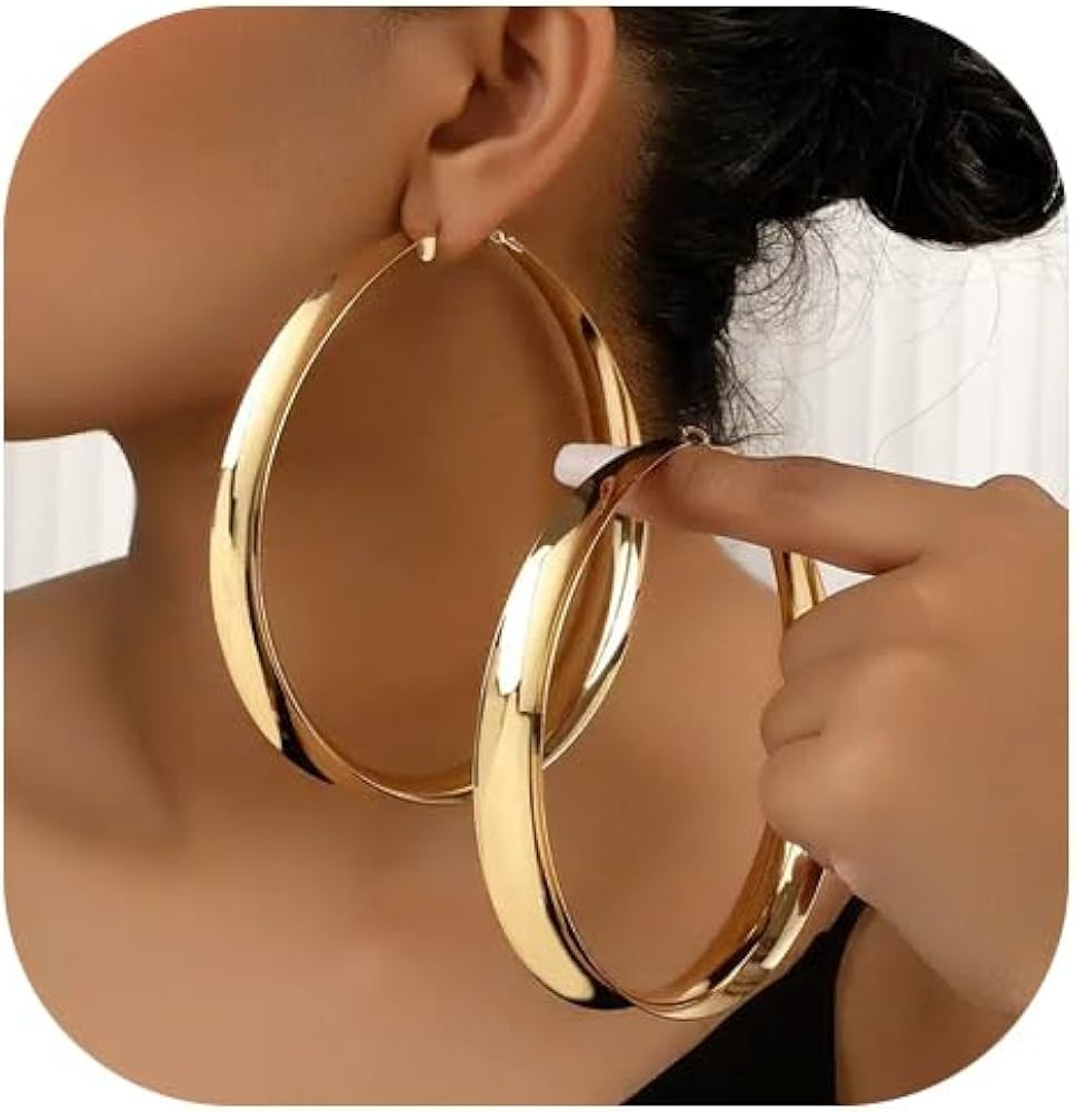 Chunky Gold Silver Hoop Earrings for Women Wide Flat Huggie Hoops Dangle Earrings Big Large Punk ... | Amazon (US)