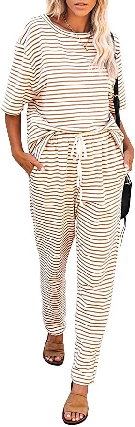MITILLY Women's Striped 2 Piece Outfits Crewneck Pullover Tops and Long Pants Sweatsuit Loungewea... | Amazon (US)