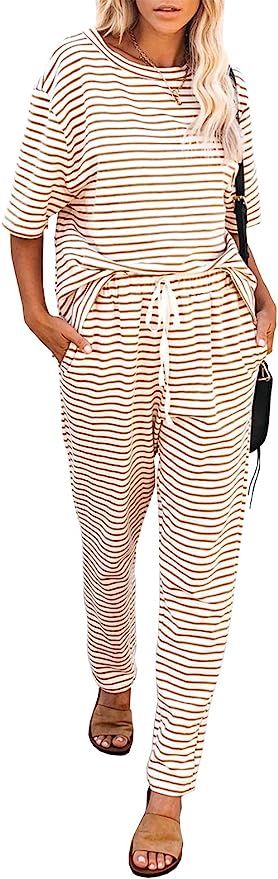 MITILLY Women's Striped 2 Piece Outfits Crewneck Pullover Tops and Long Pants Sweatsuit Loungewea... | Amazon (US)