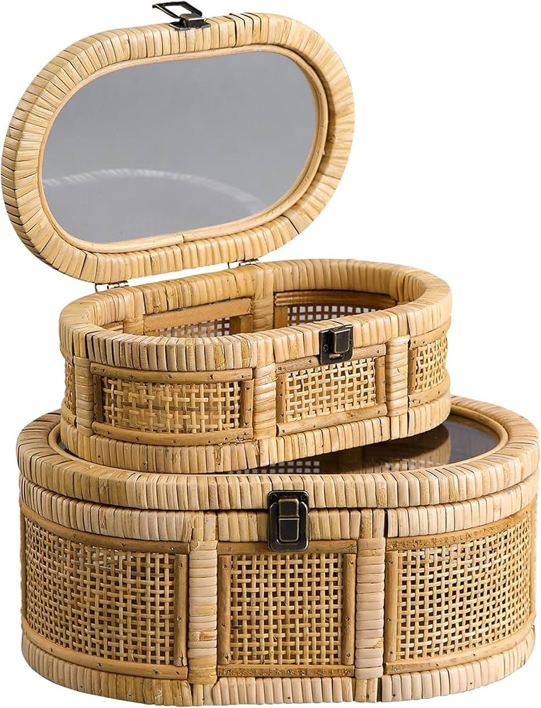 SOFE Oval Rattan Boxes with Glass Lid Set of 2, Farmhouse Stacking Decorative Boxes for Home Deco... | Amazon (US)