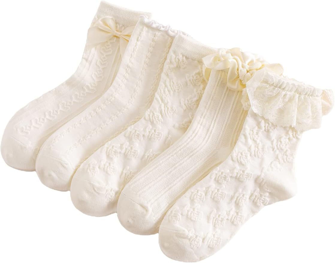 Verdusa Women's 5 Pairs Bow Lace Ruffled Ankle Socks | Amazon (US)