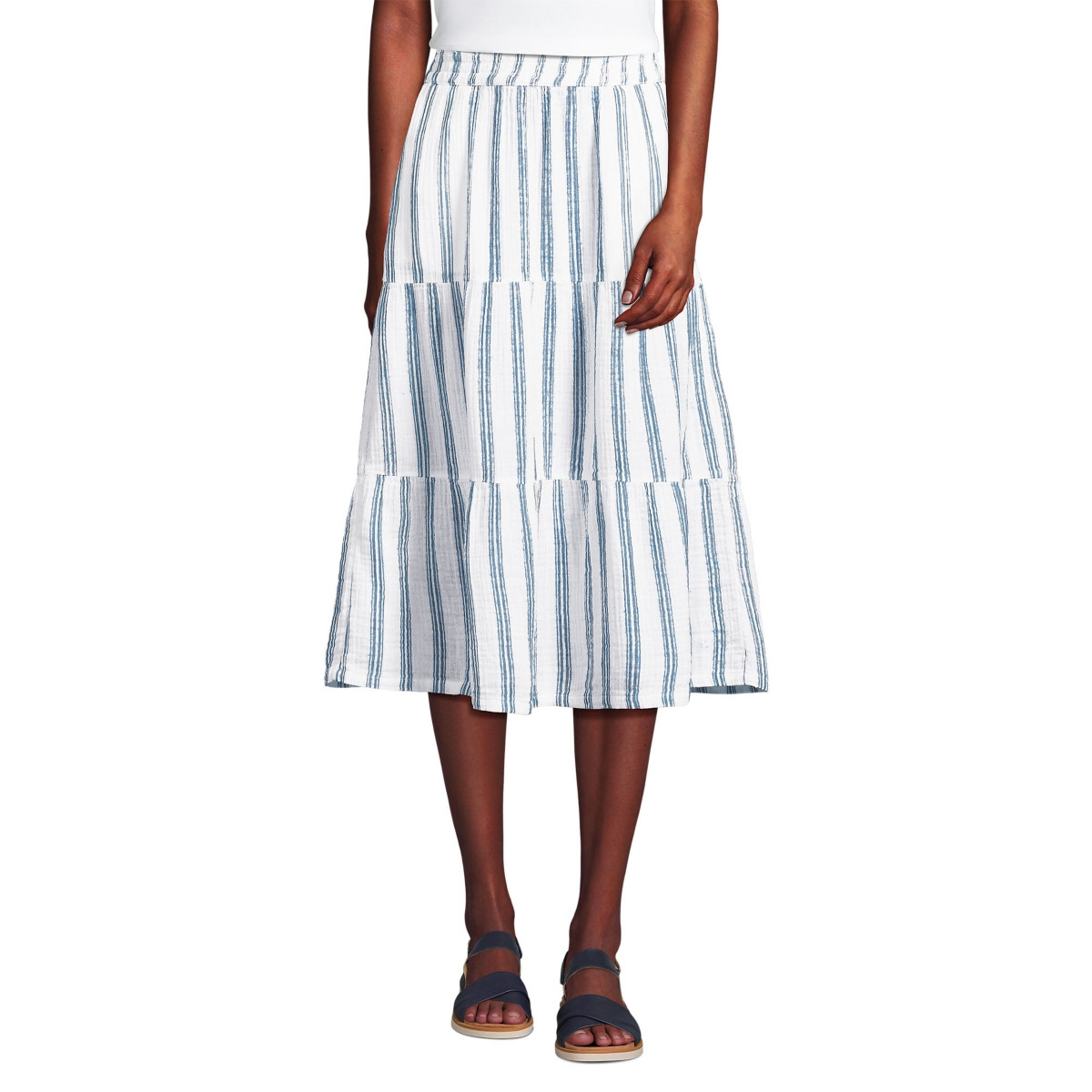 Lands' End Women's High Rise Tiered Gauze Midi Skirt - Navy double stripe | Macy's