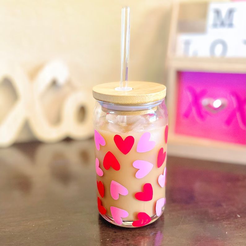 Valentine's Day Hearts GLASS Iced Coffee Cup 16oz With Bamboo Lid and Glass Straw. Valentines Day... | Etsy (US)