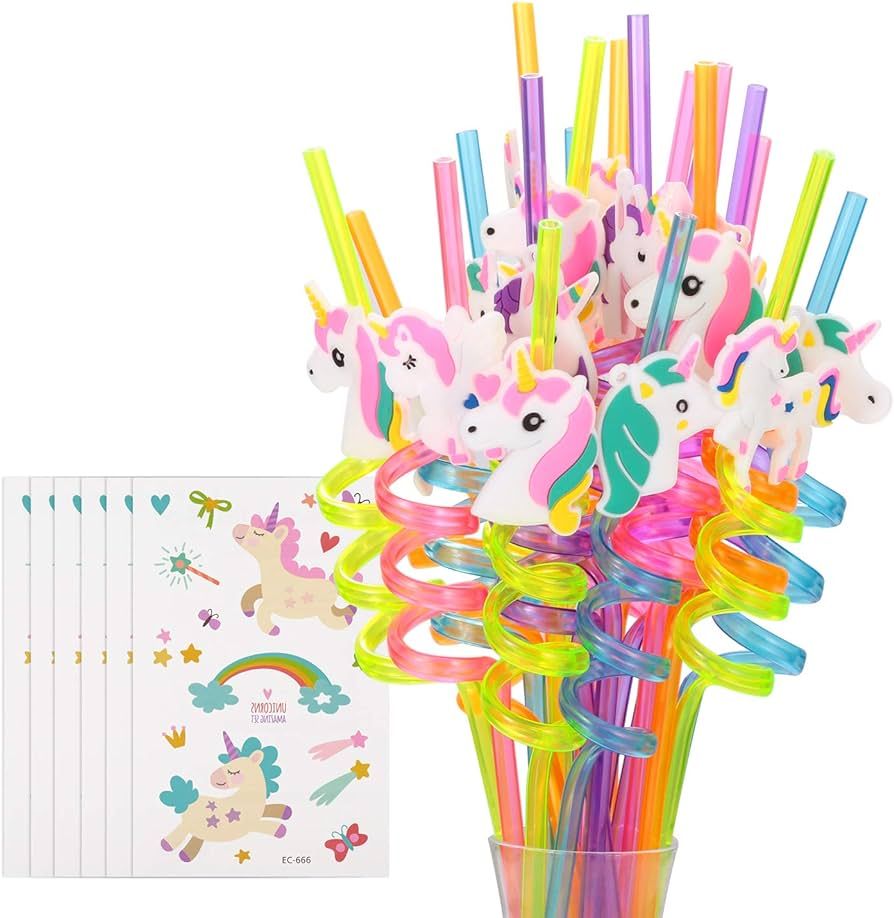 24 Reusable Unicorn Drinking Plastic Straws + 6 Temporary Tattoos for Girls | Birthday Party Supp... | Amazon (US)