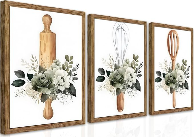 Modern Kitchen Canvas Wall Art Set of 3 – Framed Minimalist Floral Plant Wall Decor, Flowers Ki... | Amazon (US)