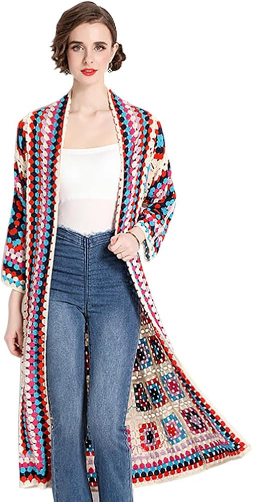Women Cotton Casual Floral Square Crochet Long Sleeve Cardigan Boho Hipi Cover Up Shrug | Amazon (US)