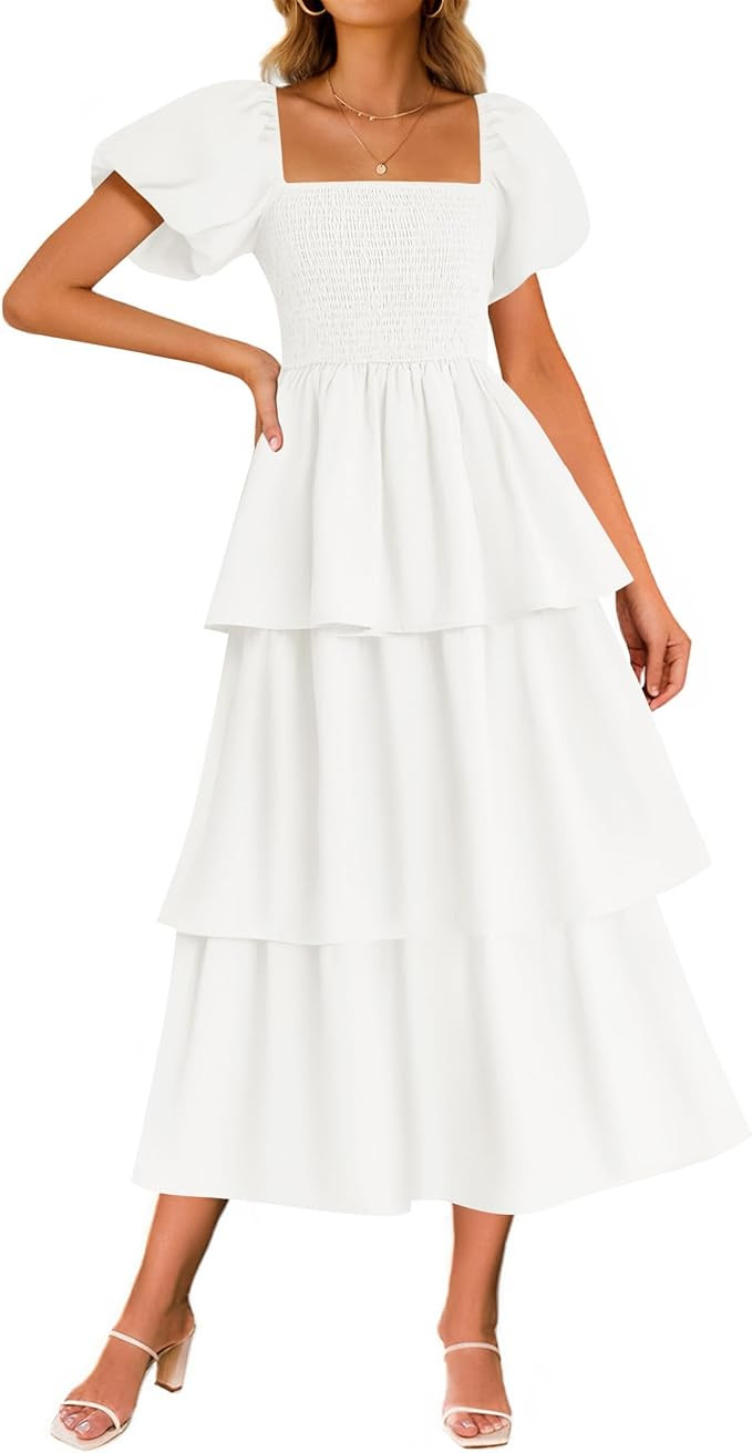 ZESICA Women's 2025 Summer Boho Midi Dress Short Puff Sleeve Flowy A Line Tiered Beach Vacation L... | Amazon (US)