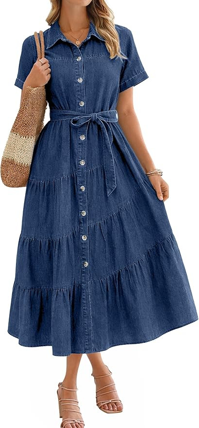 BerryGo Womens Summer Denim Shirt Dress Casual Belted Short Sleeve Button Down Flowy Midi Jeans D... | Amazon (US)