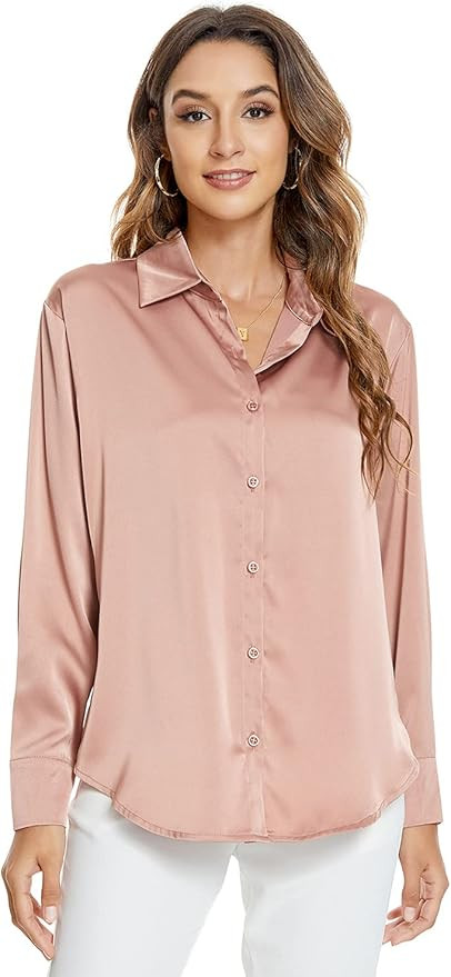 Atnlewhi Womens Long Sleeve Button Down Satin Silk Shirts Casual Business Smooth Blouse Tops | Amazon (US)