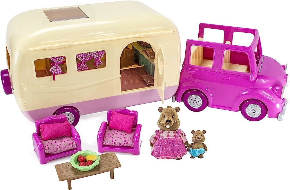Li’l Woodzeez Happy Camper – Pink Toy Car with Family Caravan – 40pc Playset with Toy Furni... | Amazon (US)