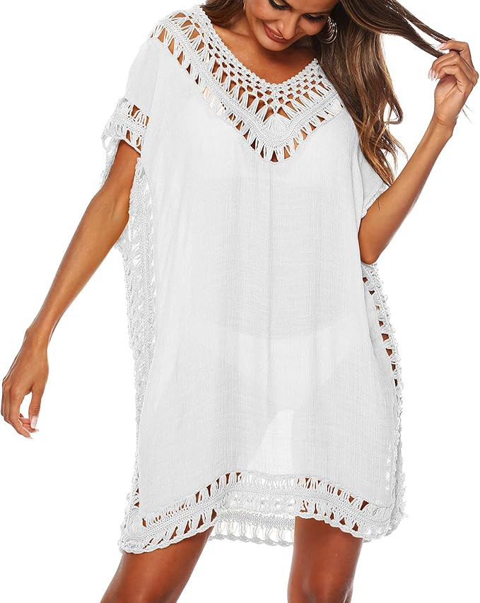 SIAEAMRG Swimsuit Cover Ups for Women, V Neck Hollow Out Swim Coverup Crochet Chiffon Summer Beac... | Amazon (US)