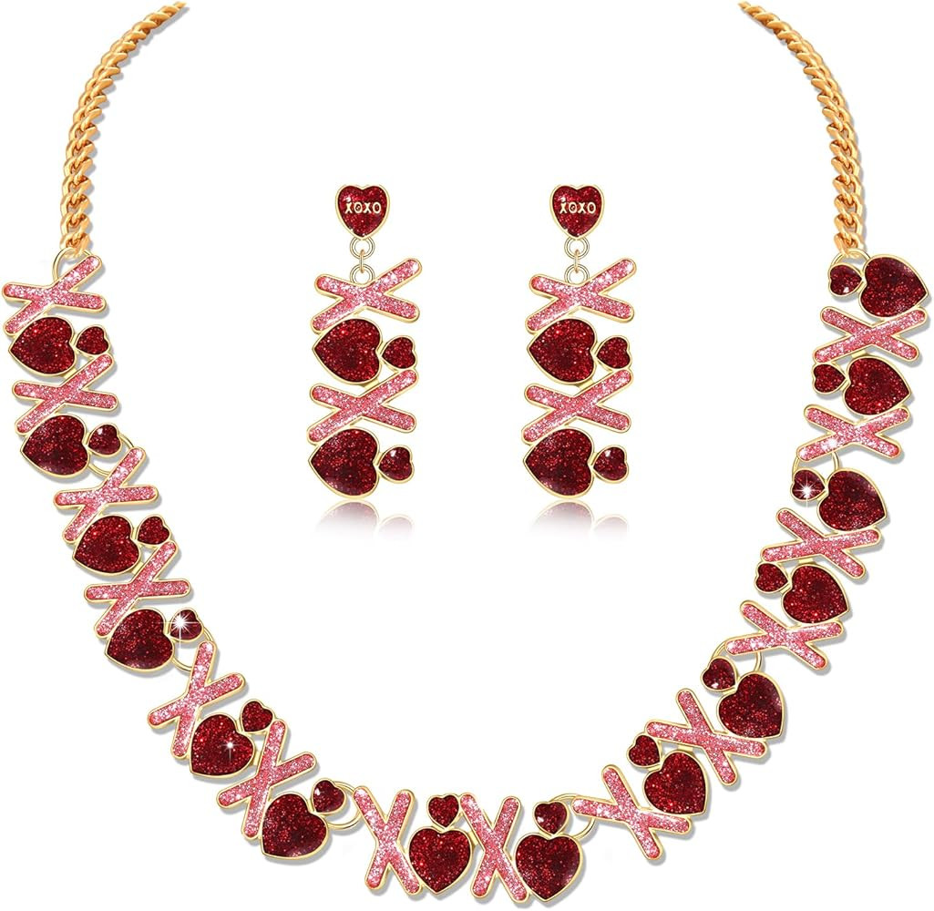 BVGA Valentines Day Jewelry set Gifts for Her Rhinestone Gold Layered heart charm necklace Heart ... | Amazon (US)