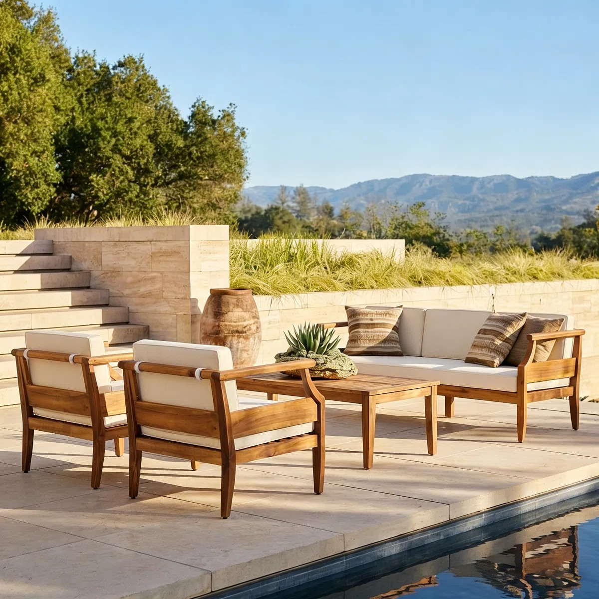 Folkston Mid-Century Modern Acacia Wood Outdoor Conversation Set With Water-Repellent Cushions | Wayfair North America